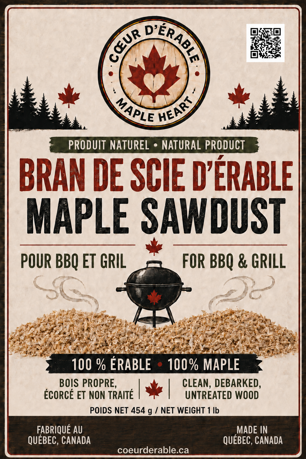 Étiquette bilingue Cœur d’Érable pour un sac de bran de scie de 1 livre, avec code QR vers coeurderable.ca
